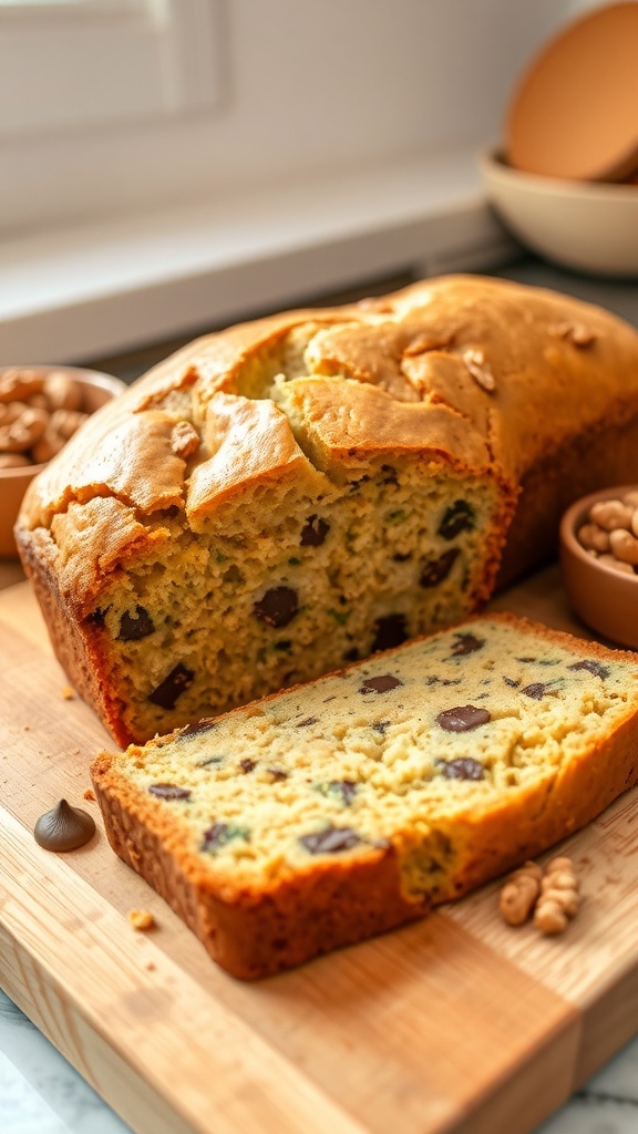 A golden loaf of zucchini banana bread sliced on a cutting board, with visible zucchini and chocolate chips, surrounded by walnuts.